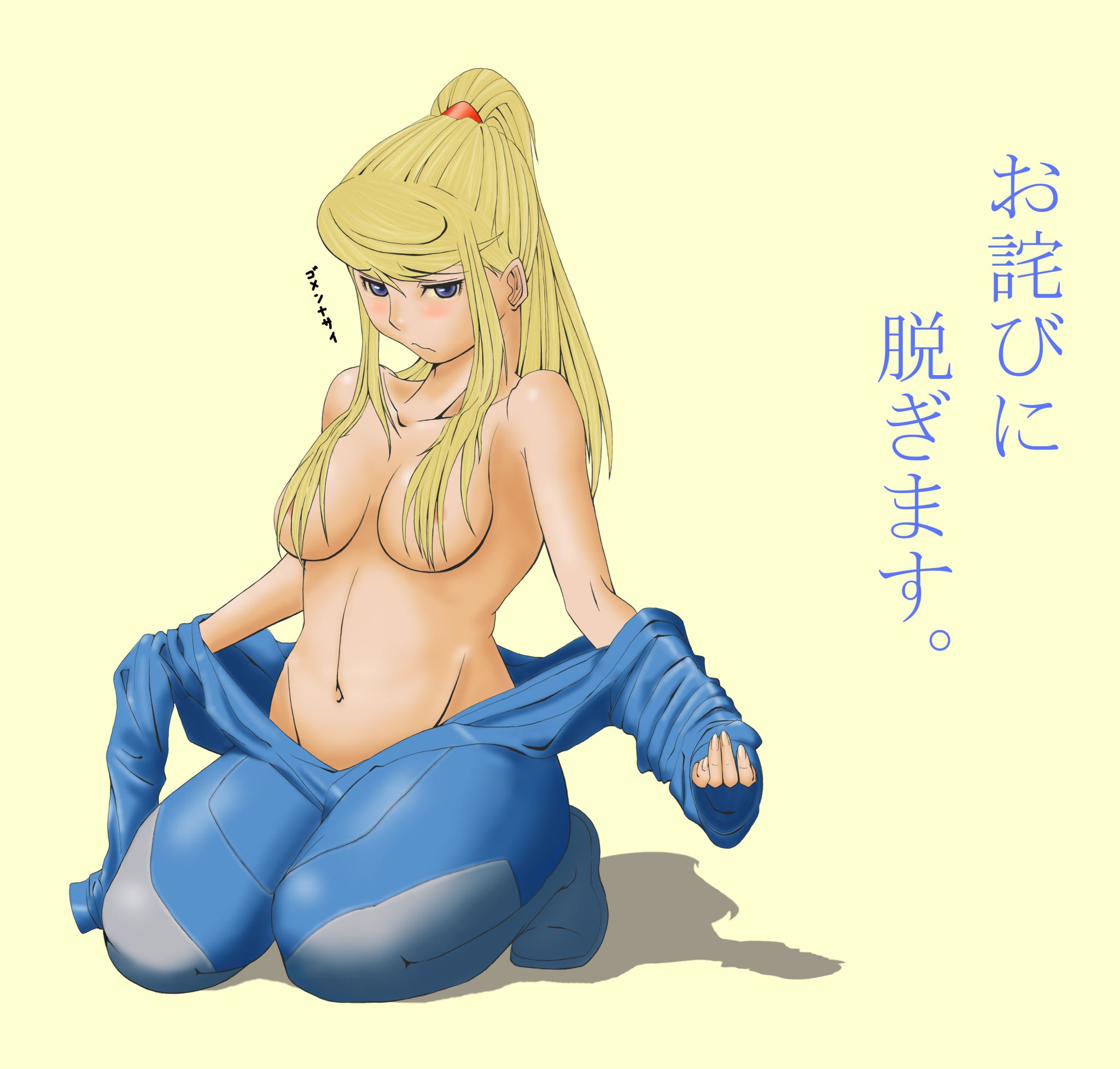 samus aran, metroid, nintendo, highres, 1girl, blonde hair, blue eyes, breasts, open clothes, open shirt, shirt, zero suit