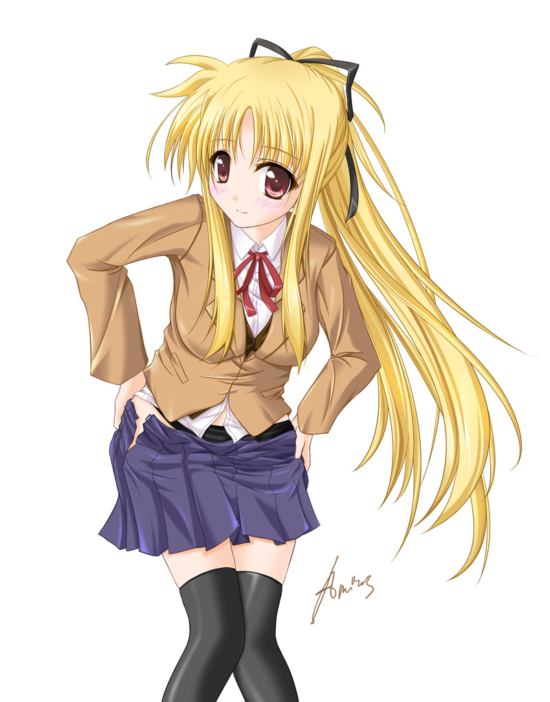 amicis, fate testarossa, lyrical nanoha, mahou shoujo lyrical nanoha, mahou shoujo lyrical nanoha strikers, 00s, long hair, ponytail, school uniform, serafuku, solo, thighhighs, undressing, very long hair