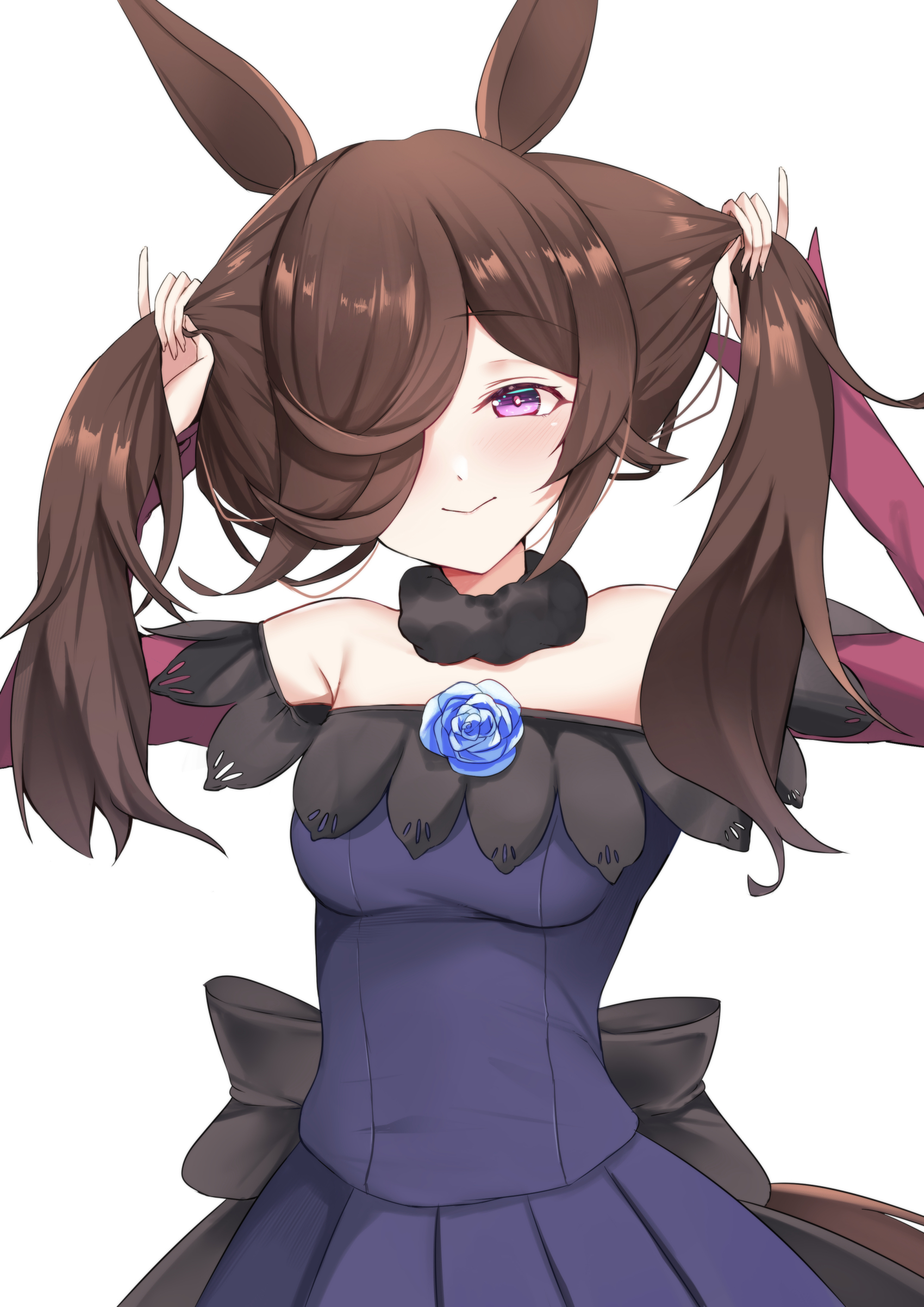 setu (shining12), rice shower (umamusume), umamusume, absurdres, commentary request, highres, 1girl, animal ears, bare shoulders, black choker, blue flower, blue rose, blush, breasts, brown hair, bunching hair, choker, closed mouth, dress, flower, hair over one eye, horse ears, horse girl, horse tail, long hair, long sleeves, looking at viewer, medium breasts, off-shoulder dress, off shoulder, purple dress, purple eyes, rose, simple background, smile, solo, tail, twintails, white background