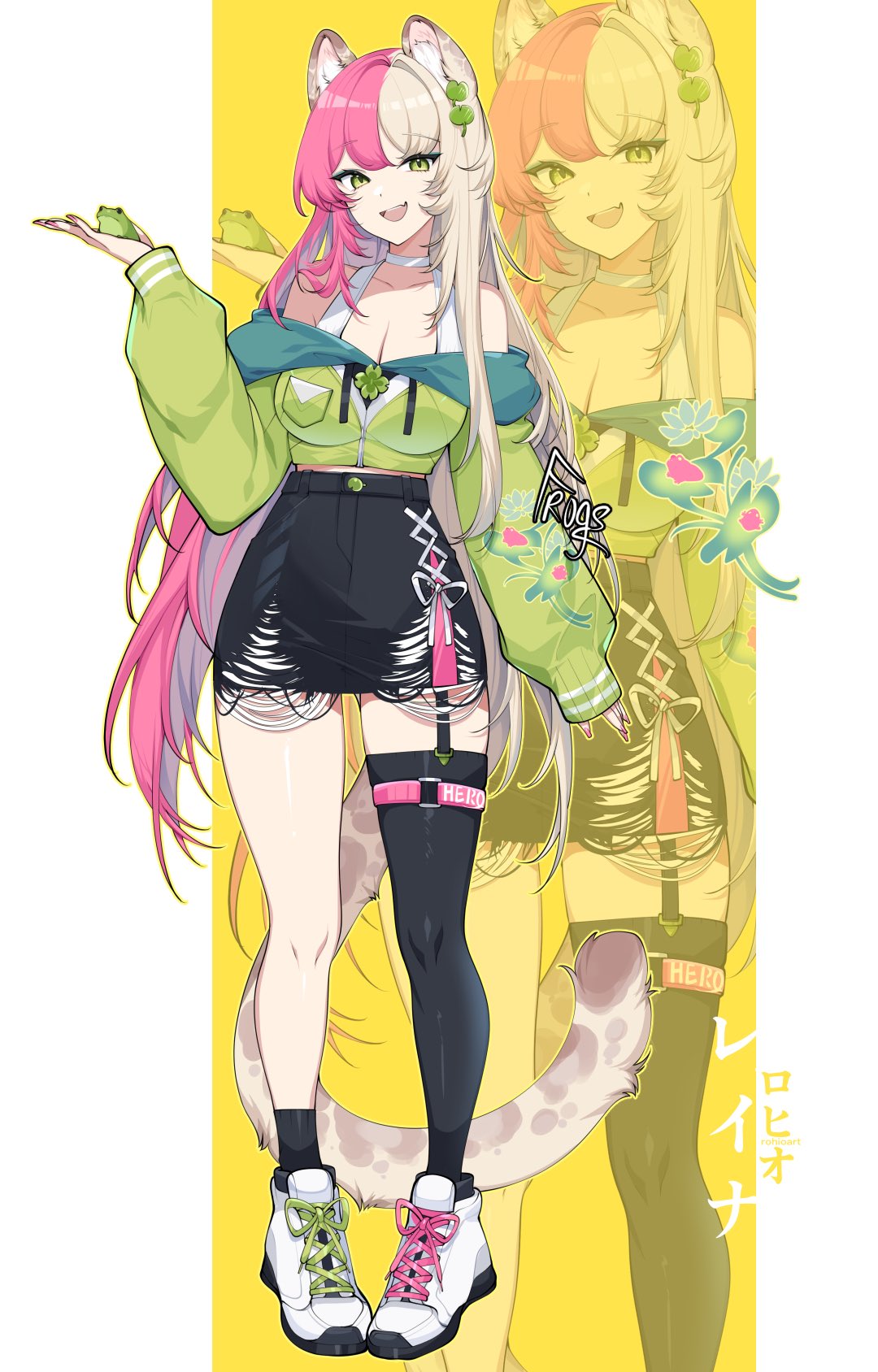 rohioart, original, highres, 1girl, animal, animal ear fluff, animal ears, animal on hand, bare shoulders, black shirt, black socks, black thighhighs, blonde hair, breasts, choker, cleavage, cropped jacket, frog, full body, green eyes, green jacket, hair ornament, jacket, layered skirt, leaf hair ornament, long hair, long sleeves, looking at viewer, medium breasts, multicolored hair, off-shoulder jacket, off shoulder, open mouth, pink hair, shirt, shoes, single thighhigh, skirt, smile, socks, solo, split-color hair, standing, tail, thighhighs, two-tone hair, very long hair, white choker, white shoes, zoom layer