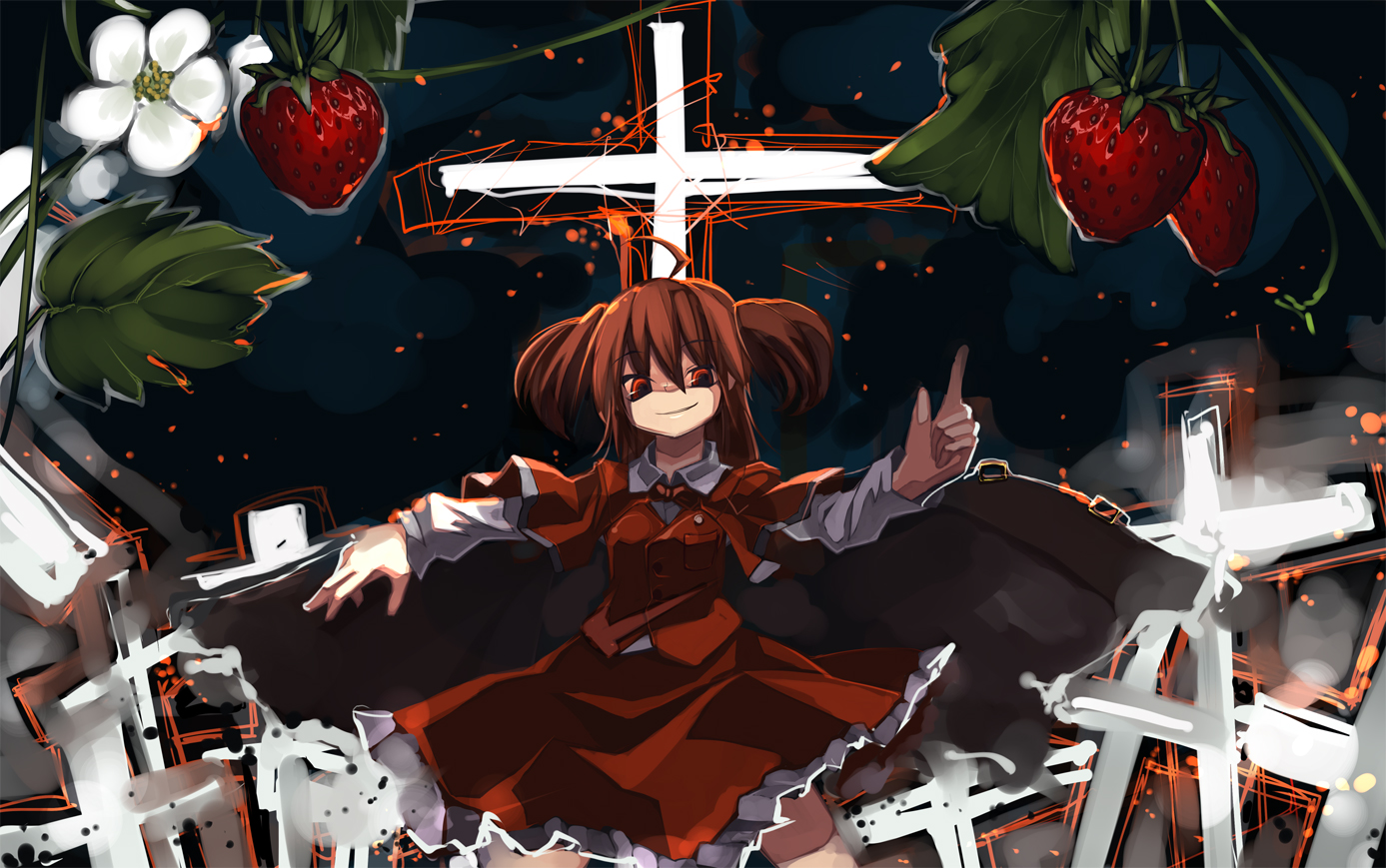 shimadoriru, okazaki yumemi, phantasmagoria of dim.dream, touhou, touhou (pc-98), 1girl, cape, cross, female focus, flower, food, fruit, latin cross, pointing, red eyes, red hair, smile, solo, strawberry, strawberry blossoms