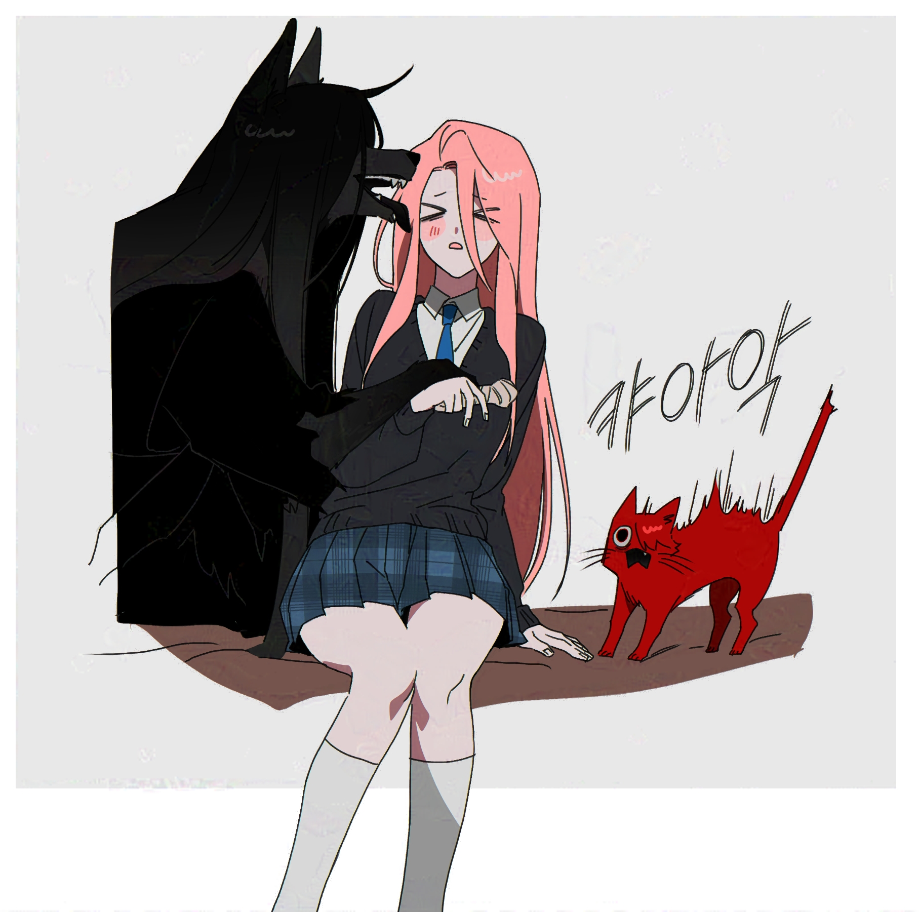 bbabbamis2, adashino adami, mr. crawling, mr. scarletella, homicipher, commentary request, highres, korean commentary, translation request, 1girl, animal, animalization, black kimono, black sweater, cat, clothed animal, dog, grey background, hissing, japanese clothes, kimono, korean text, licking, licking another's face, long hair, pink hair, puffing up, school uniform, simple background, sitting, skirt, sweater, very long hair