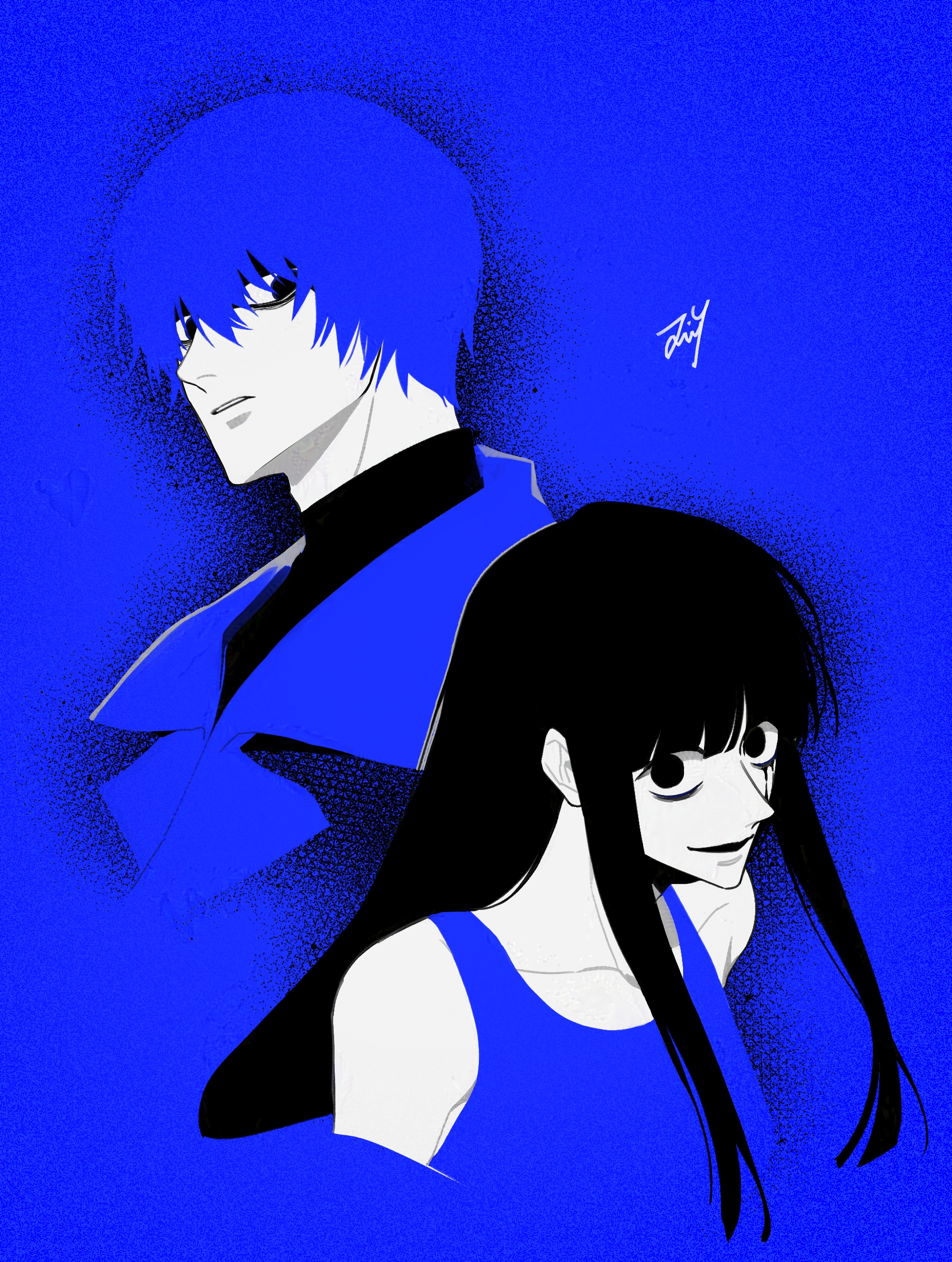 bbabbamis2, mr. scarletella, homicipher, absurdres, highres, 1boy, 1girl, alternate color, black eyes, black hair, blue background, blue dress, blue eyes, blue hair, blue theme, dilated pupils, dress, long hair, looking at viewer, ms. blue-clad, player 2, short hair, simple background, turtleneck