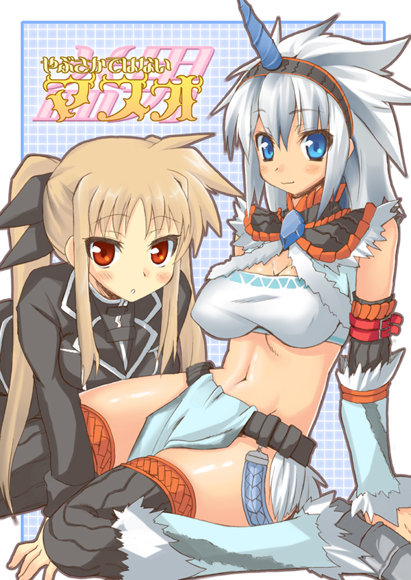 kou (garakuta teikoku), fate testarossa, capcom, lyrical nanoha, mahou shoujo lyrical nanoha, mahou shoujo lyrical nanoha strikers, monster hunter (series), 00s, 2girls, blonde hair, blue eyes, blush, crossover, grey hair, hairband, horns, kirin (armor), multiple girls, red eyes, single horn, sitting, thighhighs, wariza