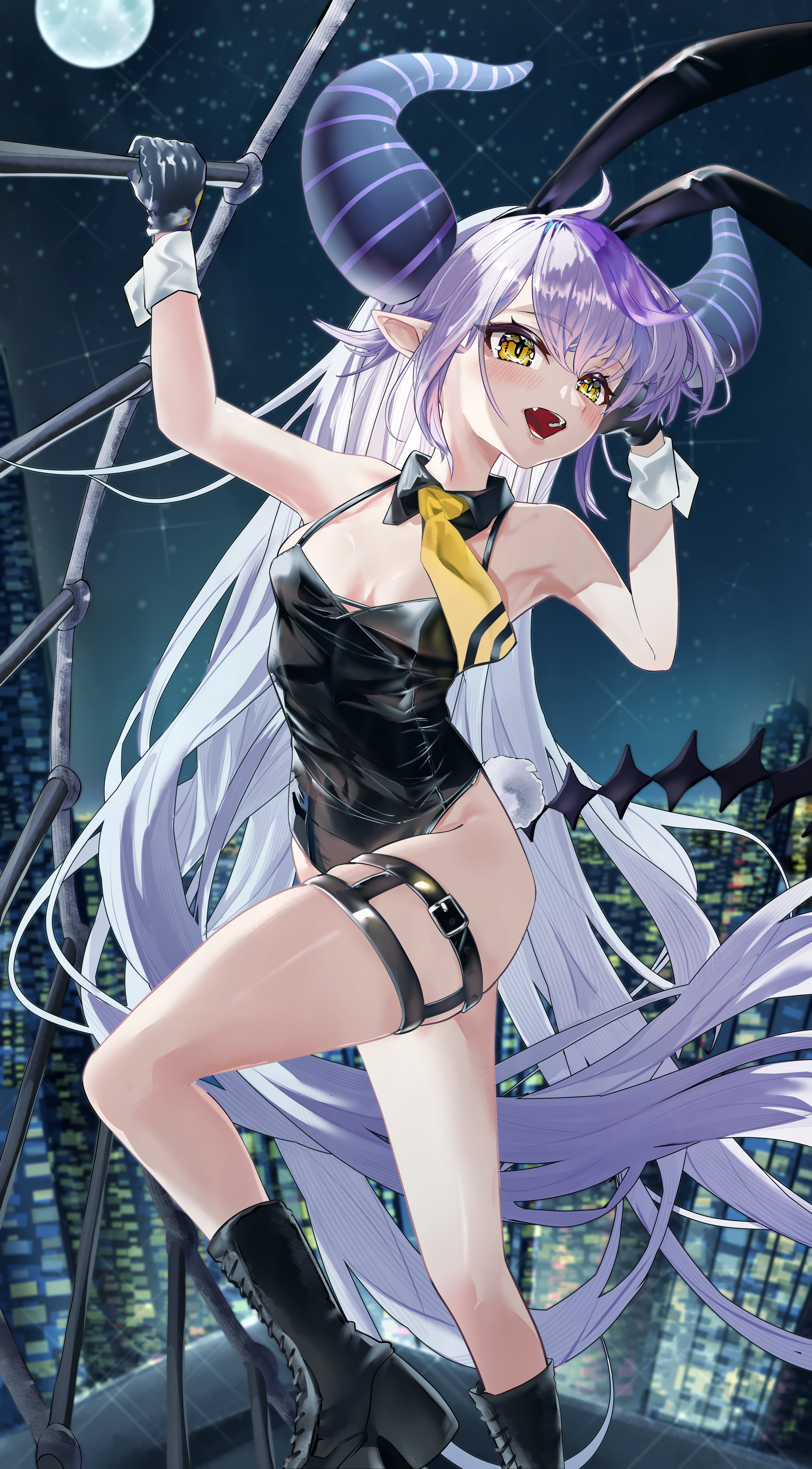shago daruma, la+ darknesss, hololive, absurdres, highres, 1girl, ahoge, animal ears, black boots, black leotard, blush, boots, building, city, city lights, demon girl, demon horns, detached collar, fake animal ears, grey hair, horns, leotard, long hair, multicolored hair, night, night sky, on rooftop, open mouth, outdoors, playboy bunny, pointy ears, rabbit ears, rabbit tail, rooftop, sky, solo, star (sky), streaked hair, striped horns, tail, thigh strap, very long hair, virtual youtuber, white wrist cuffs, wrist cuffs, yellow eyes