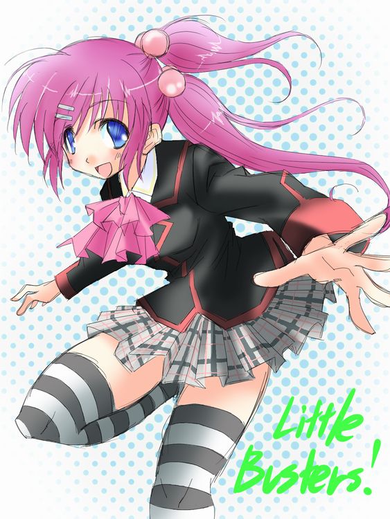 sado (sadolabo), saigusa haruka, little busters!, 1girl, :d, blue eyes, bow, female focus, grey skirt, hair bobbles, hair ornament, hairclip, halftone, long sleeves, looking afar, open mouth, outstretched arms, pink bow, pink hair, plaid clothes, plaid skirt, pleated skirt, polka dot, polka dot background, ponytail, simple background, skirt, smile, solo, striped clothes, striped thighhighs, thighhighs, zettai ryouiki