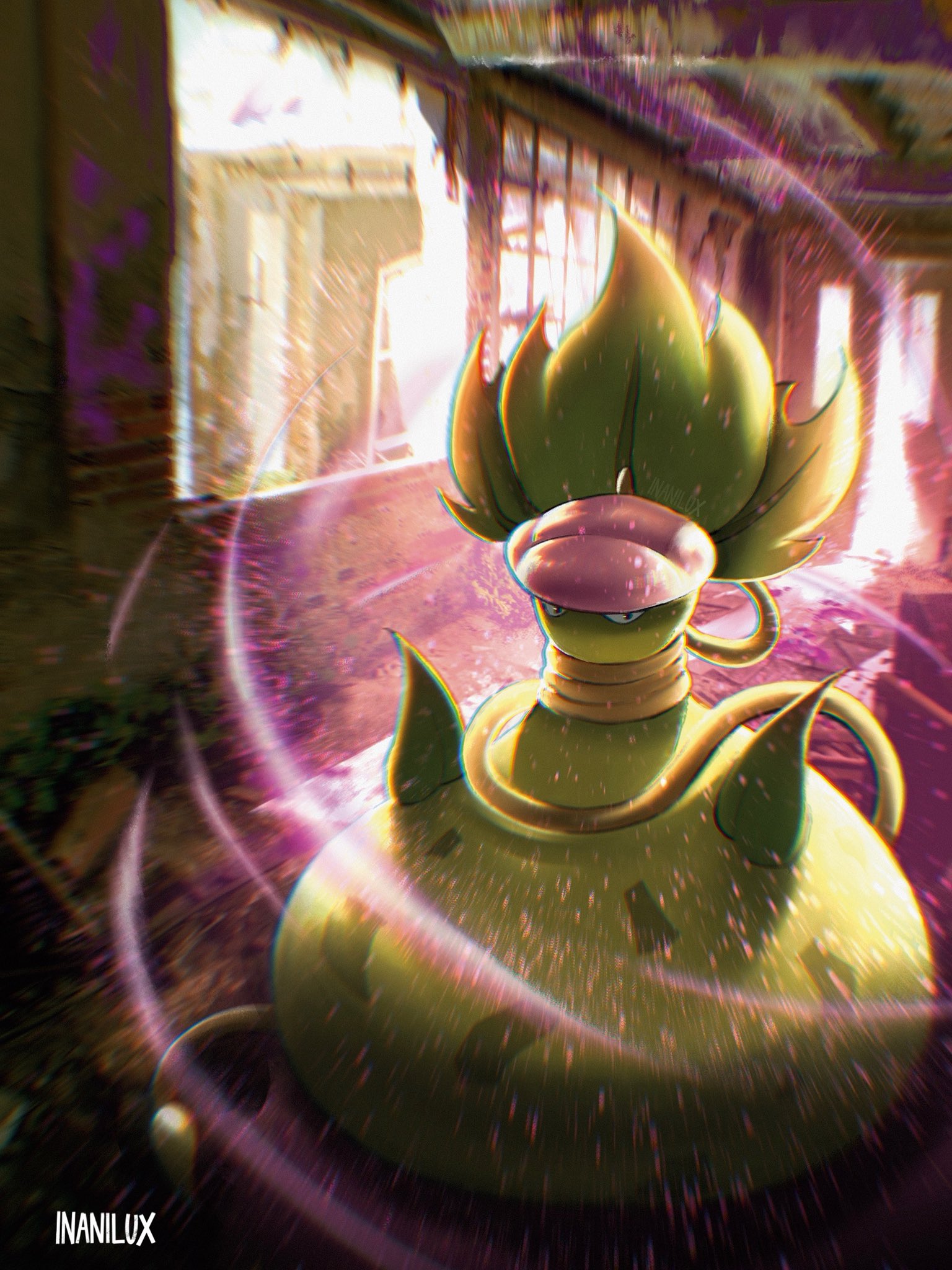 mega victreebel, victreebel, nintendo, pokemon, pokemon legends: z-a, highres, abandoned, acid, closed mouth, colored skin, full body, gen 1 pokemon, inanilux, indoors, leaf, mega pokemon, no humans, pink lips, plant, plant monster, poison, pokemon (creature), pokemon focus, solo, vines, yellow skin