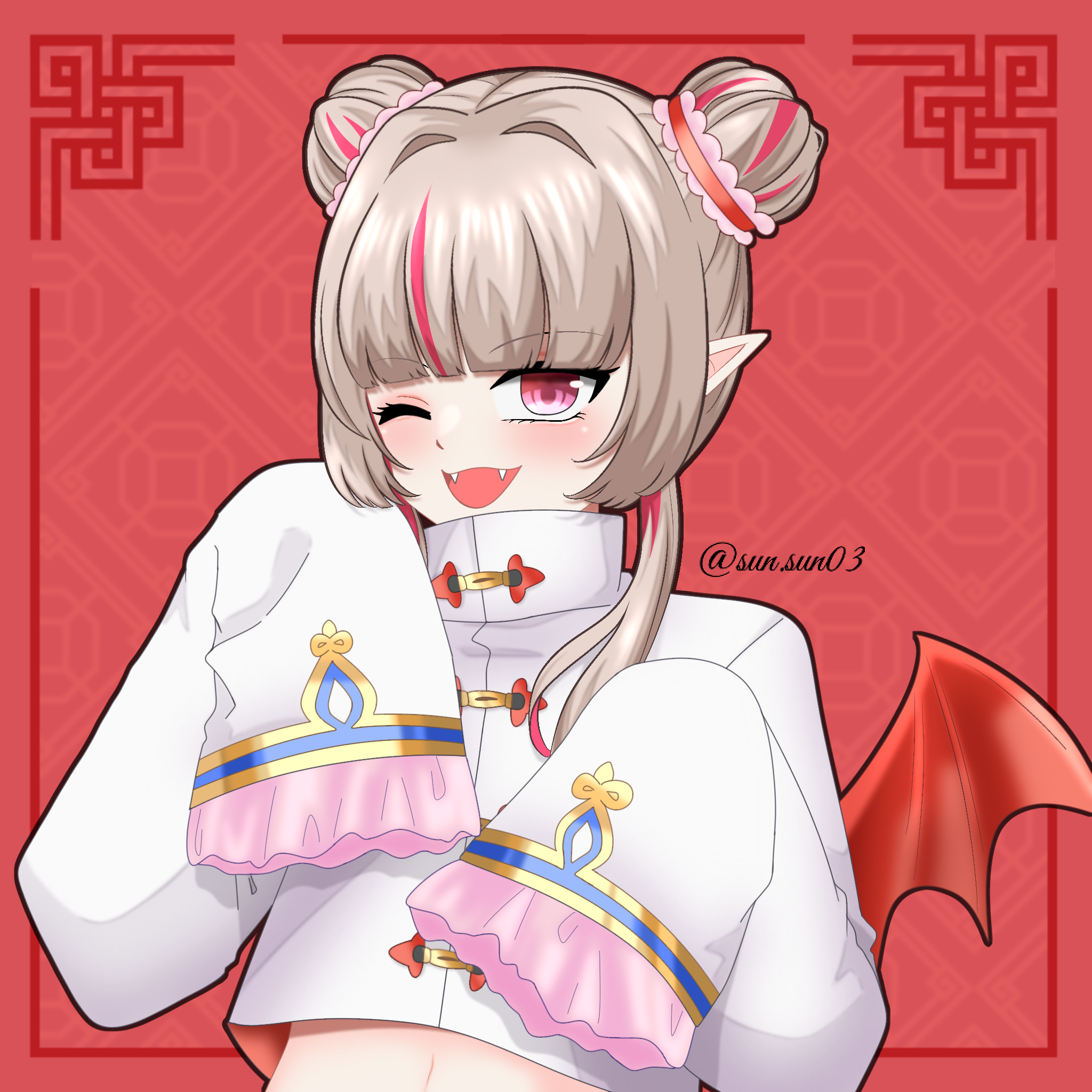 makaino ririmu, nijisanji, highres, 1girl, blunt bangs, blush, chinese clothes, colored inner hair, crop top, crop top overhang, cropped jacket, demon wings, double bun, fangs, frilled sleeves, frills, ghost pose, grey hair, hair bun, hair intakes, hair over shoulder, jacket, long hair, long sleeves, looking at viewer, midriff, multicolored hair, official alternate costume, official alternate hairstyle, one eye closed, open mouth, pink frills, pink hair, pointy ears, red background, red eyes, red wings, sidelocks, sleeves past fingers, sleeves past wrists, solo, streaked hair, sun sun sun03, twitter username, upper body, virtual youtuber, white jacket, wings