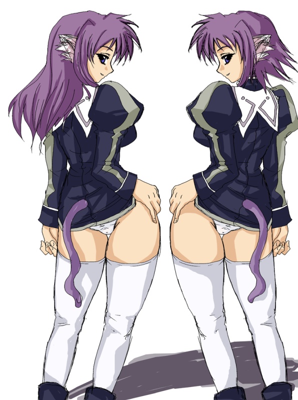 liesearia (nanoha), lieselotte (nanoha), lyrical nanoha, mahou shoujo lyrical nanoha, mahou shoujo lyrical nanoha a's, 00s, 2girls, animal ears, ass, blue eyes, cat ears, cat tail, multiple girls, panties, purple hair, siblings, sisters, tail, thighhighs, twins, underwear