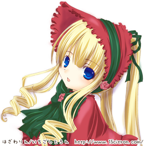 15citron, shinku, rozen maiden, lowres, 00s, 1girl, blonde hair, bonnet, bow, bowtie, dress, drill hair, female focus, frills, green bow, green bowtie, looking at viewer, red dress, sidelocks, simple background, solo, text focus, twin drills, twintails, white background