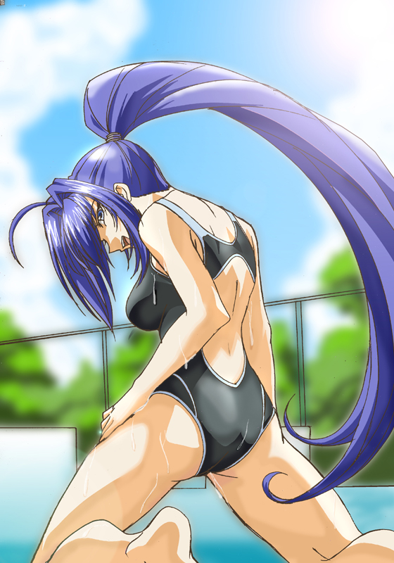 hayase mitsuki, kimi ga nozomu eien, hand on thigh, 00s, 1girl, ahoge, ass, blue eyes, blue hair, blurry, breasts, competition school swimsuit, competition swimsuit, depth of field, diving block, female focus, from behind, hair intakes, hand on own thigh, kneeling, large breasts, long hair, looking back, matching hair/eyes, one-piece swimsuit, ponytail, school swimsuit, smile, solo, spread legs, swimsuit, very long hair, wet