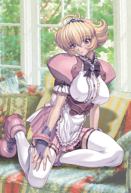 mogudan, doumoto neon, nijiro dodgeball, 1girl, antenna hair, blonde hair, blue eyes, bow, bracelet, breasts, couch, female focus, frills, gloves, hairband, huge breasts, jewelry, kneeling, maid, short hair, solo, thighhighs, window, zettai ryouiki