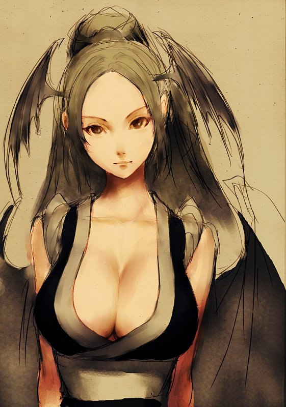 fumio (rsqkr), morrigan aensland, shiranui mai, capcom, darkstalkers, fatal fury, snk, the king of fighters, 1girl, breasts, cleavage, cosplay, female focus, head wings, japanese clothes, kimono, large breasts, sepia, sketch, solo, wings, yukata