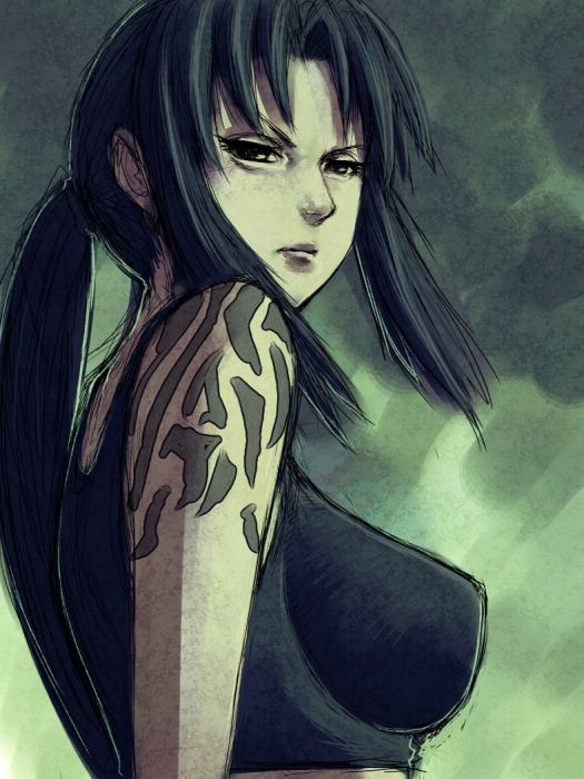 fumio (rsqkr), revy (black lagoon), black lagoon, >:(, 00s, 1girl, black hair, female focus, frown, long hair, ponytail, solo, tattoo, v-shaped eyebrows