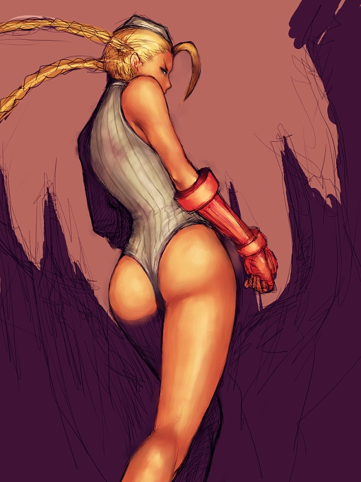 fumio (rsqkr), cammy white, capcom, street fighter, 1girl, ahoge, ass, bare shoulders, blonde hair, blue leotard, braid, female focus, fingerless gloves, from behind, garrison cap, gloves, half-closed eyes, halterneck, hat, kneepits, leotard, long hair, looking at viewer, looking back, profile, red gloves, ribbed leotard, sketch, solo, standing, thong, thong leotard, turtleneck, twin braids, vambraces, very long hair