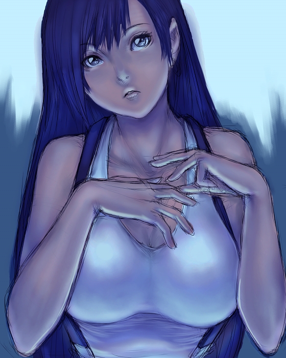 fumio (rsqkr), tifa lockhart, final fantasy, final fantasy vii, bare shoulders, black hair, breasts, huge breasts, long hair, solo, suspenders