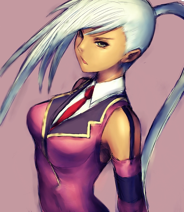 fumio (rsqkr), villetta nu, code geass, 00s, 1girl, bow, breasts, closed mouth, collarbone, dark-skinned female, dark skin, female focus, green eyes, long hair, looking at viewer, medium breasts, necktie, pink bow, ponytail, red necktie, shirt, simple background, solo, upper body, white hair, white shirt