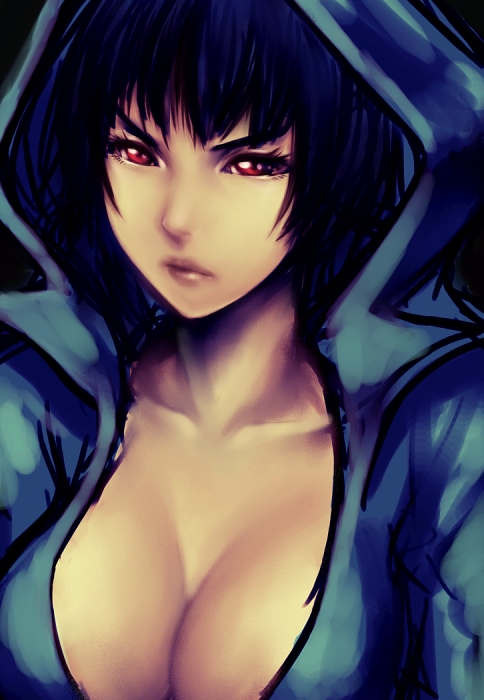 fumio (rsqkr), original, 1girl, black hair, breasts, cleavage, female focus, hood, red eyes, short hair, solo