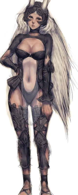 fumio (rsqkr), fran (ff12), final fantasy, final fantasy xii, 00s, 1girl, :/, animal ears, dark-skinned female, dark skin, ears through headwear, female focus, helmet, long hair, rabbit ears, revealing clothes, solo, viera, white background, white hair
