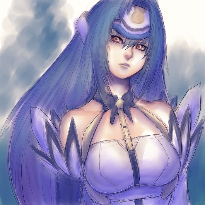 fumio (rsqkr), kos-mos, xenosaga, xenosaga episode i, 00s, 1girl, bare shoulders, blue hair, breasts, female focus, gradient background, long hair, red eyes, solo, very long hair
