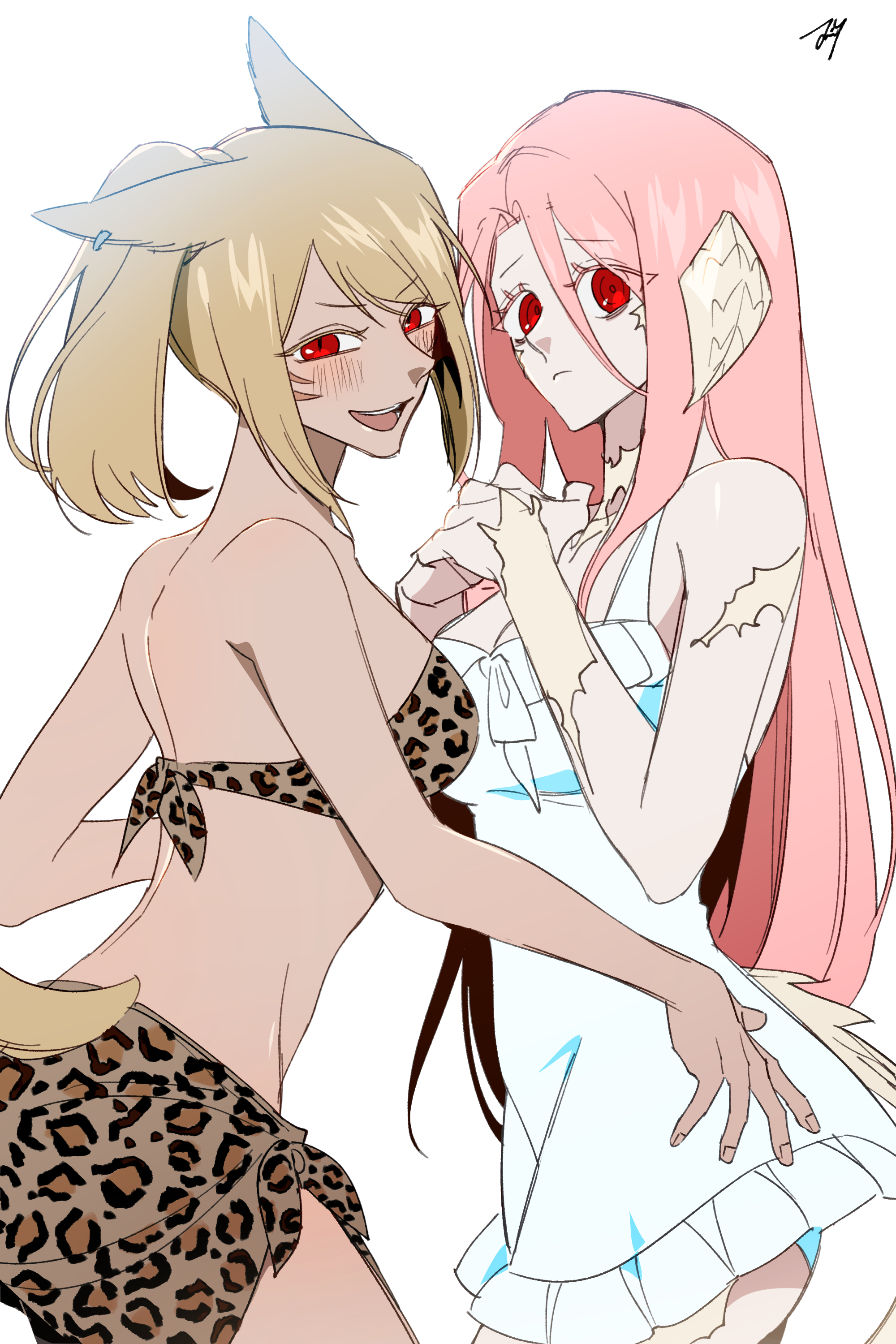 bbabbamis2, adashino adami, final fantasy, final fantasy xiv, homicipher, absurdres, commentary request, highres, korean commentary, 2girls, alternate species, animal ears, animal print, au ra, blonde hair, borrowed character, cat ears, cat girl, cat tail, cowboy shot, dress, horns, kemonomimi mode, leopard print, long hair, looking at viewer, miqo'te, multiple girls, pink hair, red eyes, ringed eyes, simple background, skirt, slit pupils, tail, very long hair, white background, white dress
