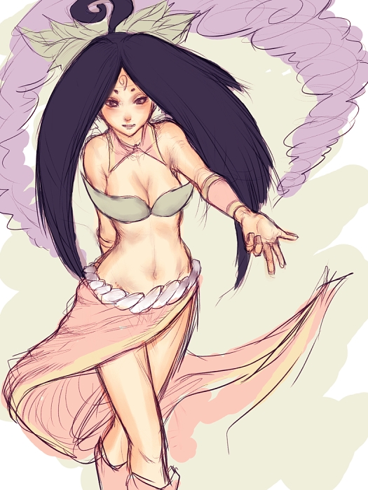 fumio (rsqkr), sakuya (ookami), ookami (game), 1girl, black eyes, black hair, boots, breasts, cleavage, female focus, legs, magic, midriff, sketch, skirt, solo