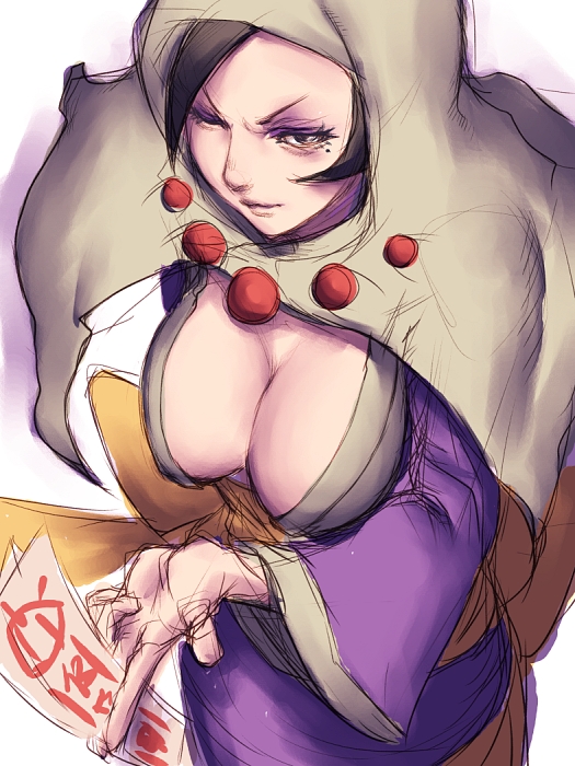 fumio (rsqkr), rao, tsuzurao, ookami (game), 1girl, beads, black eyes, black hair, breasts, cleavage, cowboy shot, downblouse, eyeshadow, female focus, from above, holding, hood, japanese clothes, jewelry, kimono, large breasts, lips, long sleeves, looking at viewer, makeup, mole, mole under eye, necklace, ofuda, one eye closed, prayer beads, sash, simple background, sketch, solo, standing, white background, wink