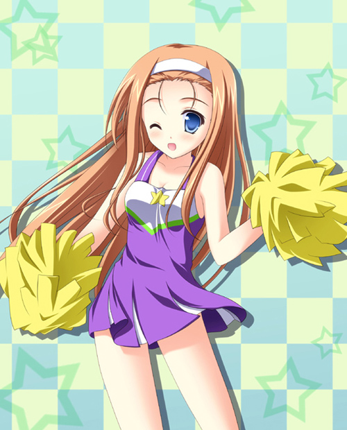 tsuda akira, minegishi ayano, lucky star, 00s, 1girl, ;d, blue eyes, blush, checkered background, cheerleader, collarbone, contrapposto, dancing, dress, female focus, hairband, holding, looking at viewer, one eye closed, open mouth, orange hair, pom pom (cheerleading), purple dress, simple background, sleeveless, sleeveless dress, smile, solo, sportswear, standing