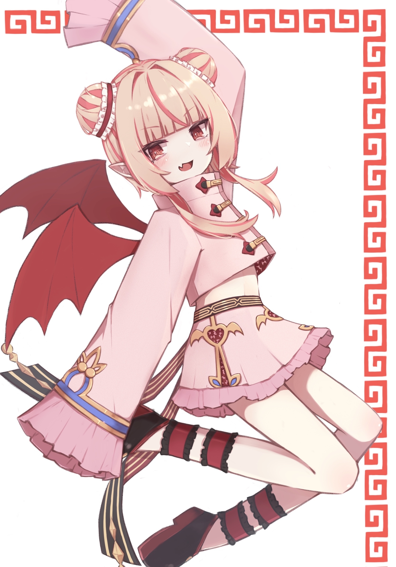 sunsan, makaino ririmu, nijisanji, highres, 1girl, ankleband, arm up, black shoes, blunt bangs, blush, chinese clothes, colored inner hair, crop top, crop top overhang, cropped jacket, demon wings, double bun, fang, frilled skirt, frilled sleeves, frills, from side, full body, grey hair, hair bun, hair intakes, hair over shoulder, jacket, jumping, long hair, long sleeves, looking at viewer, midriff, miniskirt, multicolored hair, official alternate costume, official alternate hairstyle, open mouth, pink frills, pink hair, pink jacket, pink skirt, pointy ears, red eyes, red wings, shoes, sidelocks, simple background, skin fang, skirt, sleeves past fingers, sleeves past wrists, solo, streaked hair, virtual youtuber, white background, wings