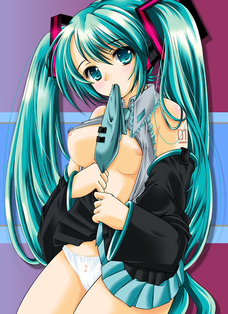 aizawa hiroshi, hatsune miku, vocaloid, 1girl, blue eyes, blue hair, breasts, clothes lift, female focus, long hair, matching hair/eyes, medium breasts, mouth hold, nipples, open clothes, open shirt, panties, shirt, skirt, skirt lift, solo, twintails, underwear, very long hair