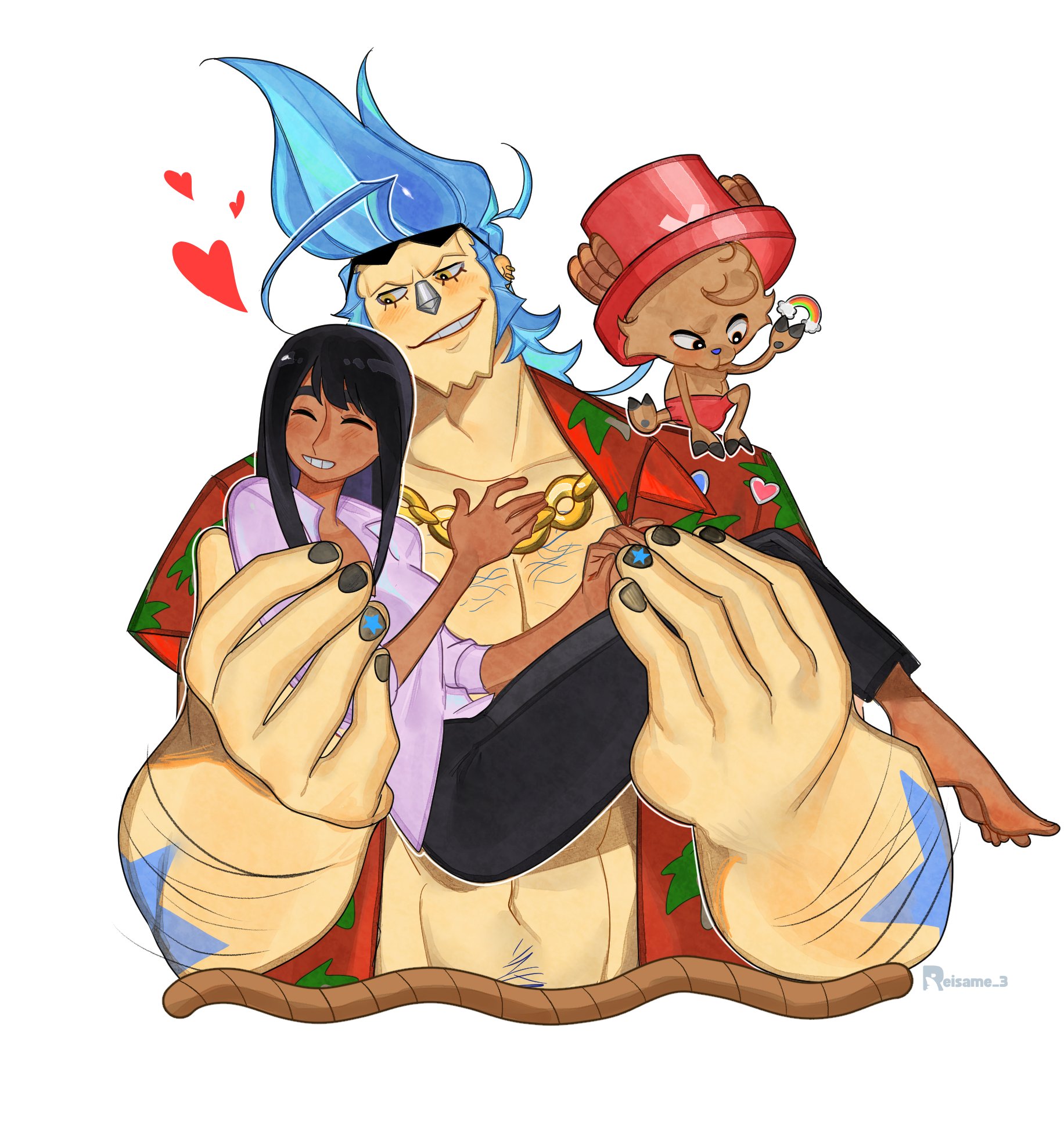 reisame, franky (one piece), nico robin, tony tony chopper, one piece, highres, 1boy, 1girl, 2boys, black hair, carrying, carrying person, cyborg, dark-skinned female, dark skin, friends, happy, multiple boys, princess carry, smile, tall male