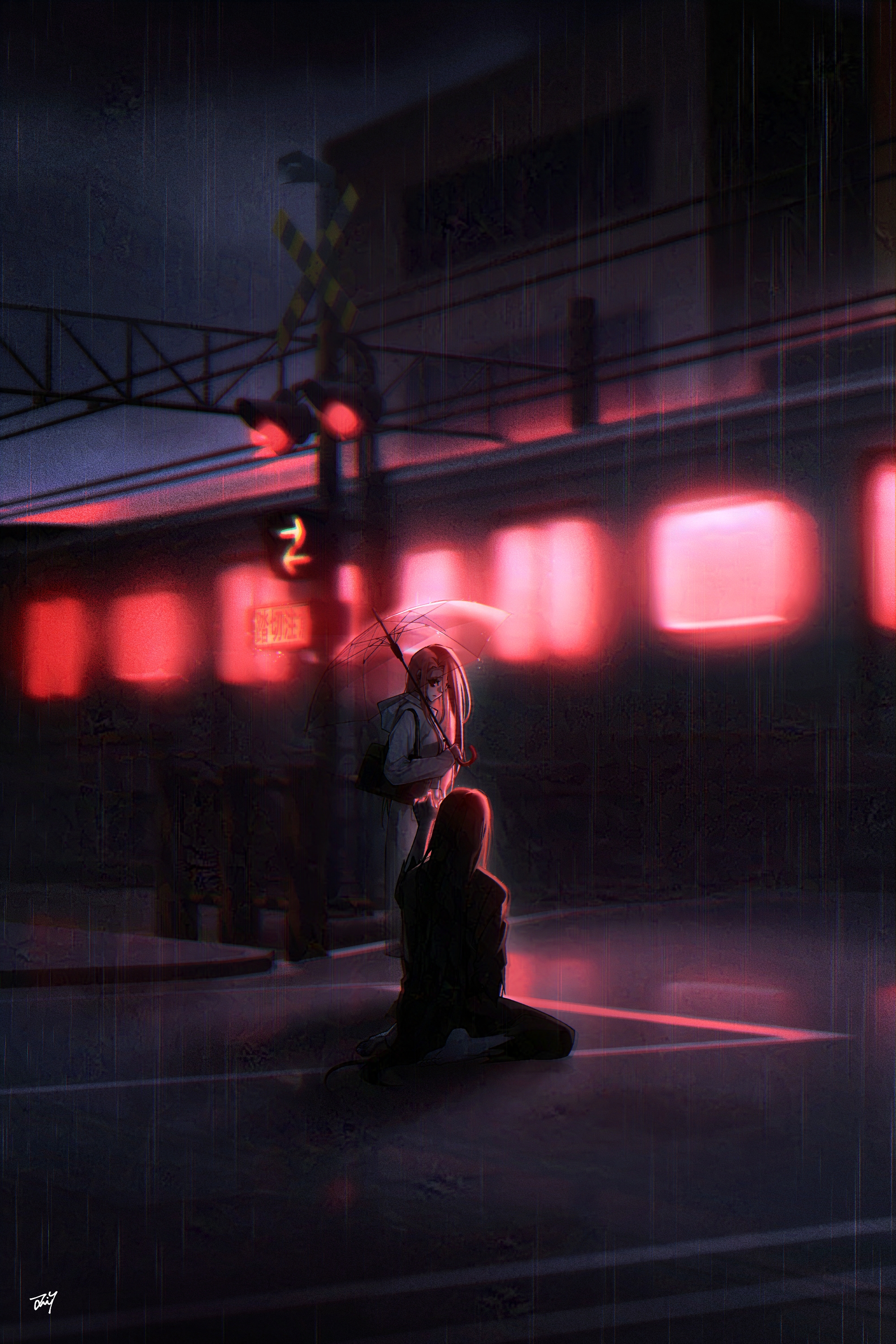 bbabbamis2, adashino adami, mr. crawling, homicipher, absurdres, commentary request, highres, korean commentary, 1boy, 1girl, black hair, holding, holding umbrella, japanese clothes, kimono, long hair, looking at another, night, outdoors, pink hair, rain, raincoat, road, sitting, train, umbrella, very long hair, wide shot