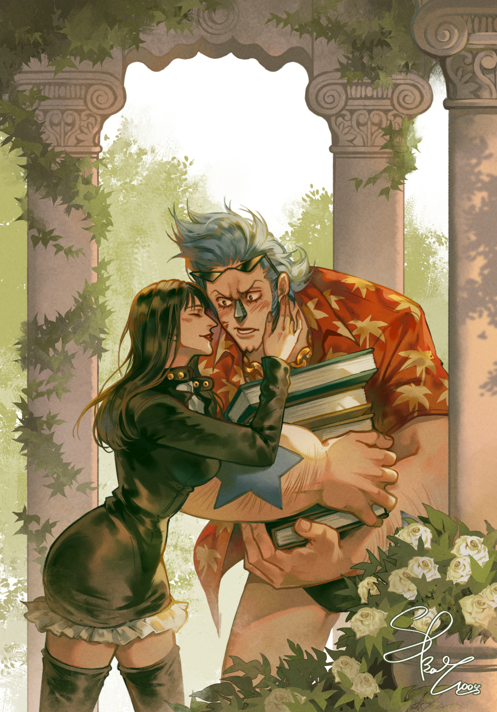 skar 1004, franky (one piece), nico robin, one piece, highres, 1boy, 1girl, after kiss, black hair, blue hair, blush, book, cyborg, dress, facial mark, jacket, kiss, kissing cheek, lipstick mark, open clothes, open shirt, shirt, tall male