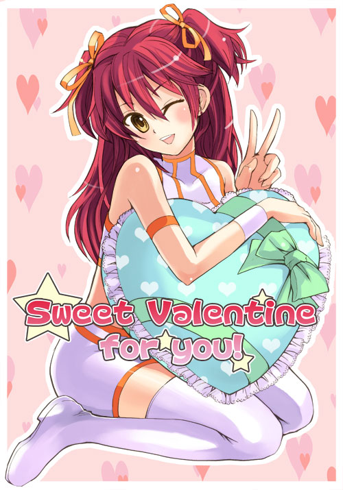 otabe sakura, nena trinity, gundam, gundam 00, 00s, 1girl, blush, bow, female focus, freckles, frilled pillow, frills, one eye closed, pillow, red hair, solo, thighhighs, two side up, v, valentine, wink, yellow eyes, zettai ryouiki