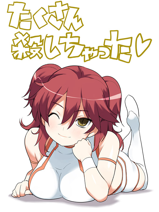 nora higuma, nena trinity, gundam, gundam 00, translated, 00s, 1girl, bike shorts, blush, breast press, breasts, crop top, female focus, heart, huge breasts, one eye closed, red hair, solo, thighhighs, two side up, wink, yellow eyes