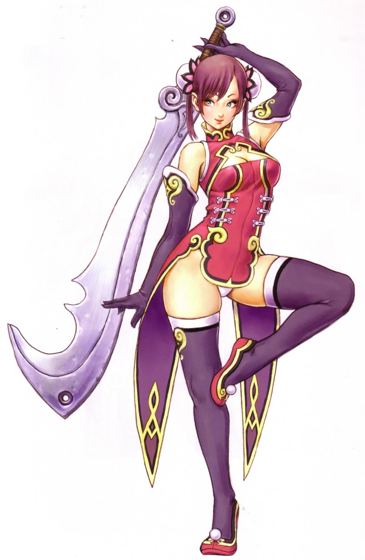 yamashita shun'ya, non-non, wild flower, highres, non-web source, 1girl, breasts, cleavage, cleavage cutout, clothing cutout, elbow gloves, female focus, gloves, green eyes, heart, large breasts, solo, sword, thighhighs, weapon
