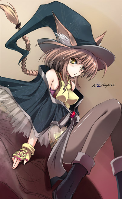 won (az hybrid), original, 1girl, animal ears, black pantyhose, braid, breasts, cat ears, ears through headwear, fantasy, female focus, gradient background, hat, pantyhose, sitting, solo, witch hat