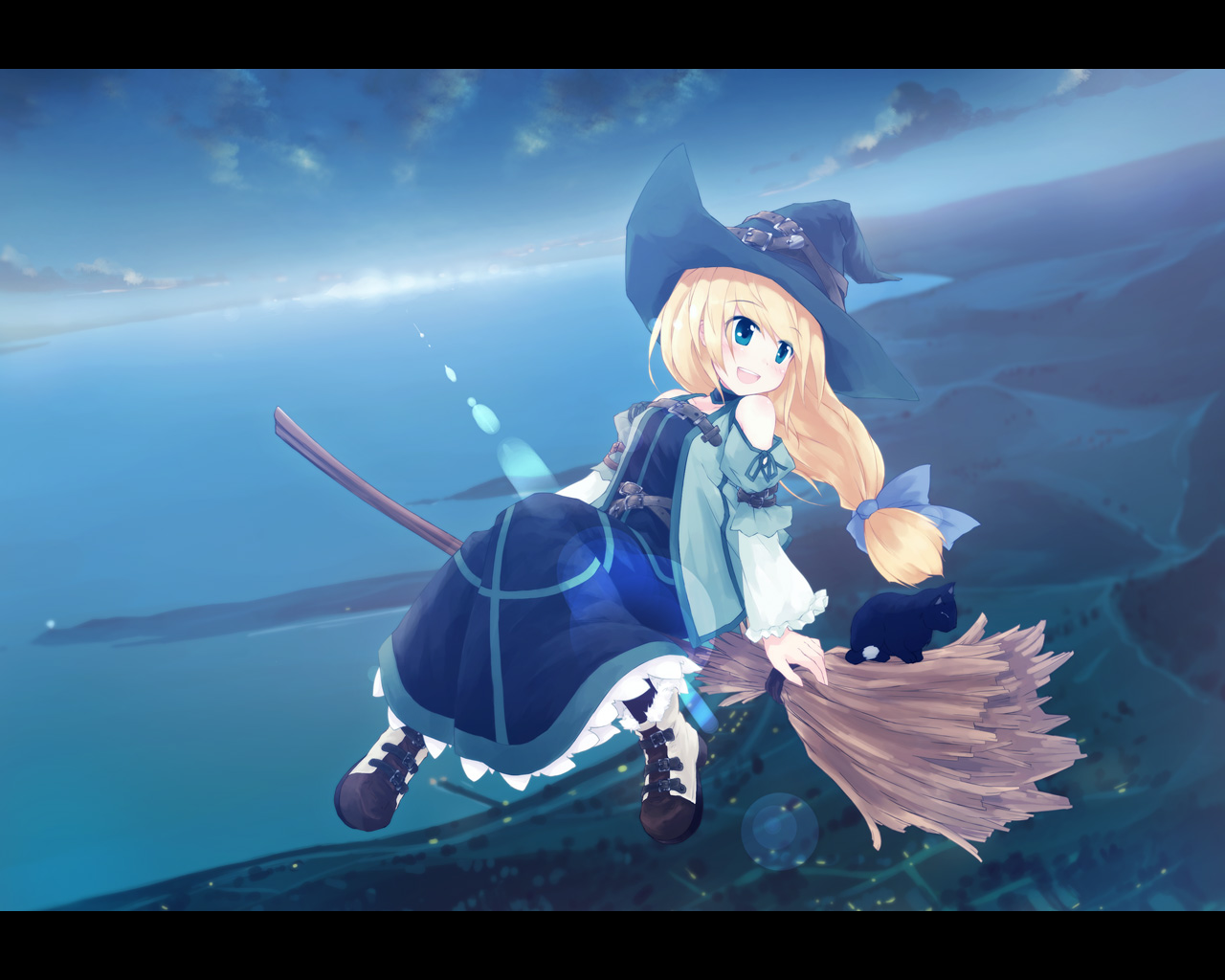 yukitarou (awamori), original, 1girl, :d, bare shoulders, belt, black cat, blonde hair, blue eyes, boots, broom, broom riding, cat, dress, fantasy, female focus, from above, hat, landscape, lens flare, letterboxed, long hair, low-tied long hair, ocean, open mouth, sky, smile, solo, sunrise, witch, witch hat
