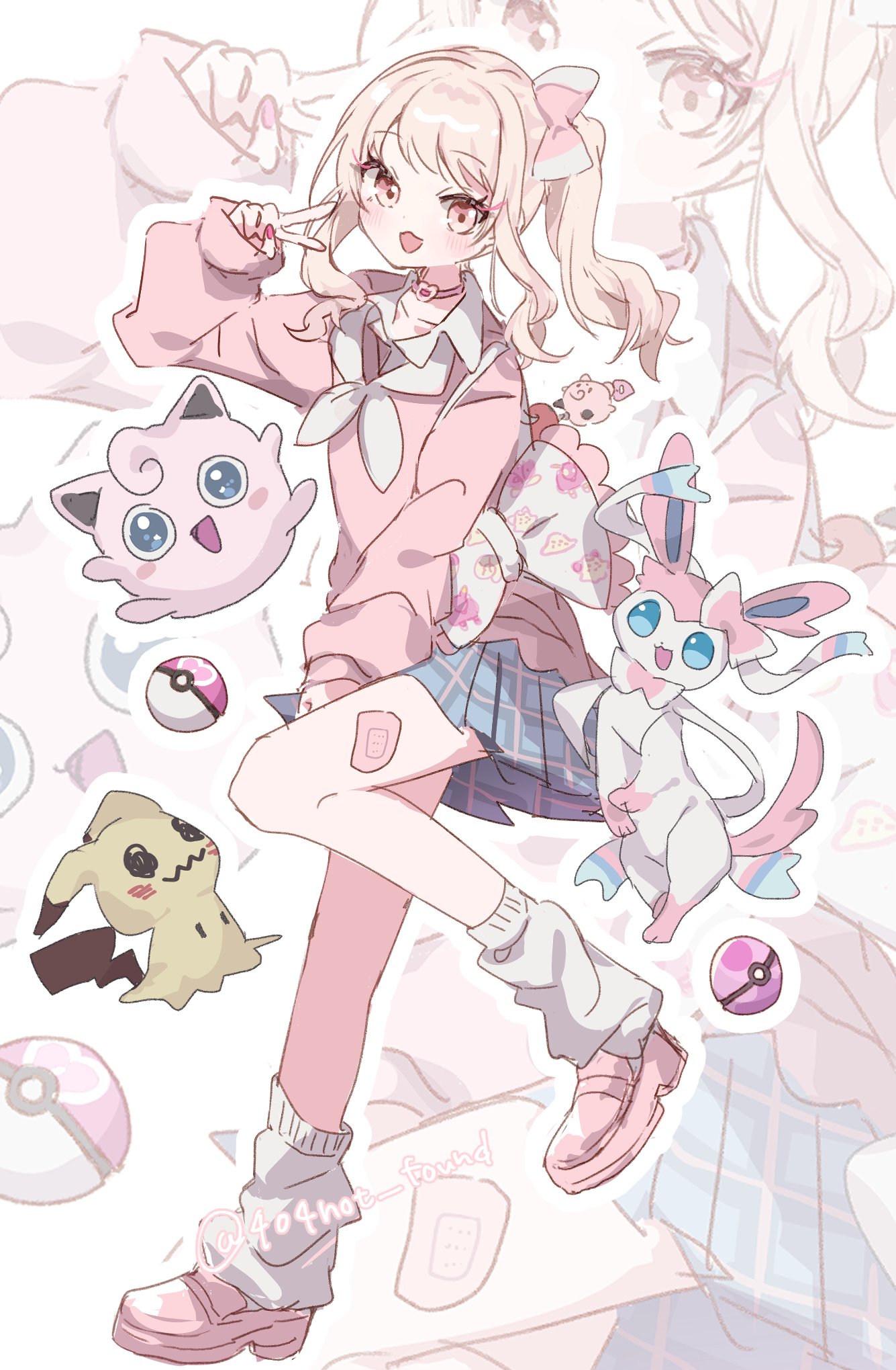 shafu! (404not found), akiyama mizuki, jigglypuff, mimikyu, sylveon, nintendo, pokemon, project sekai, commentary request, highres, 1other, :3, :d, ankle socks, bandaid on thigh, blue eyes, blue skirt, bow, charm (object), choker, collarbone, collared shirt, crossover, frilled bow, frills, full body, gen 1 pokemon, gen 6 pokemon, gen 7 pokemon, hair bow, hand on own thigh, heart, heart choker, loafers, long sleeves, looking at viewer, loose socks, medium hair, miniskirt, nail polish, neckerchief, open mouth, other focus, outline, pink bow, pink choker, pink eyes, pink hair, pink nails, pink shoes, pink sweater, plaid clothes, plaid skirt, pleated skirt, poke ball, pokemon (creature), puffy long sleeves, puffy sleeves, shirt, shoes, side ponytail, sidelocks, simple background, skirt, smile, socks, solo, standing, standing on one leg, sweater, twitter username, v, white background, white bow, white neckerchief, white outline, white socks, zoom layer