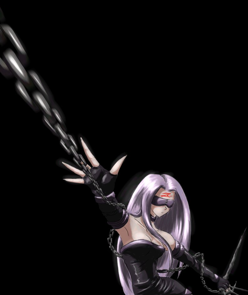 medusa (fate), medusa (rider) (fate), fate/stay night, fate (series), non-web source, 00s, bare shoulders, chain, dark, elbow gloves, gloves, long hair, purple hair, solo