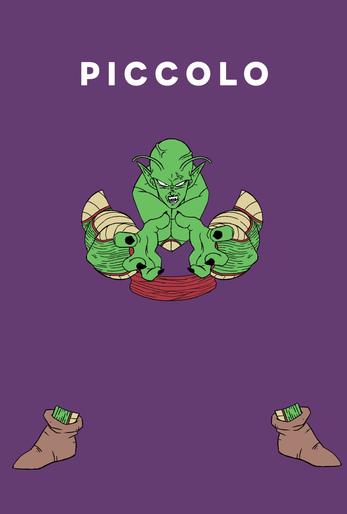 debudebumetabo, piccolo, dragon ball, dragonball z, highres, 1boy, bald, blending, colored skin, fewer digits, full body, green skin, male focus, no eyebrows, pants, pointy ears, purple pants, purple shirt, red sash, sash, shirt, solo