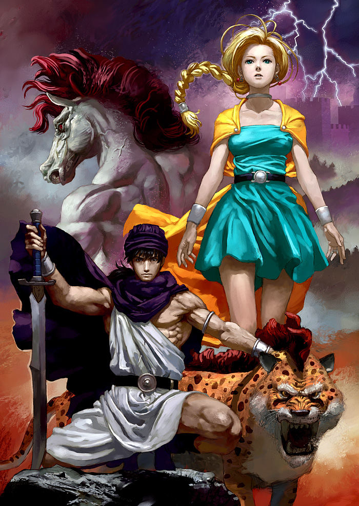 itou satoshi, bianca (dq5), borongo, hero (dq5), jami, jyami, dragon quest, dragon quest v, square enix, 1boy, 1girl, animal, armlet, belt, black eyes, black hair, blonde hair, braid, cape, collarbone, dress, earrings, epic, green eyes, horse boy, jewelry, lightning, long hair, monster, muscular, open mouth, short hair, single braid, squatting, sword, toga, tunic, turban, weapon, wristband