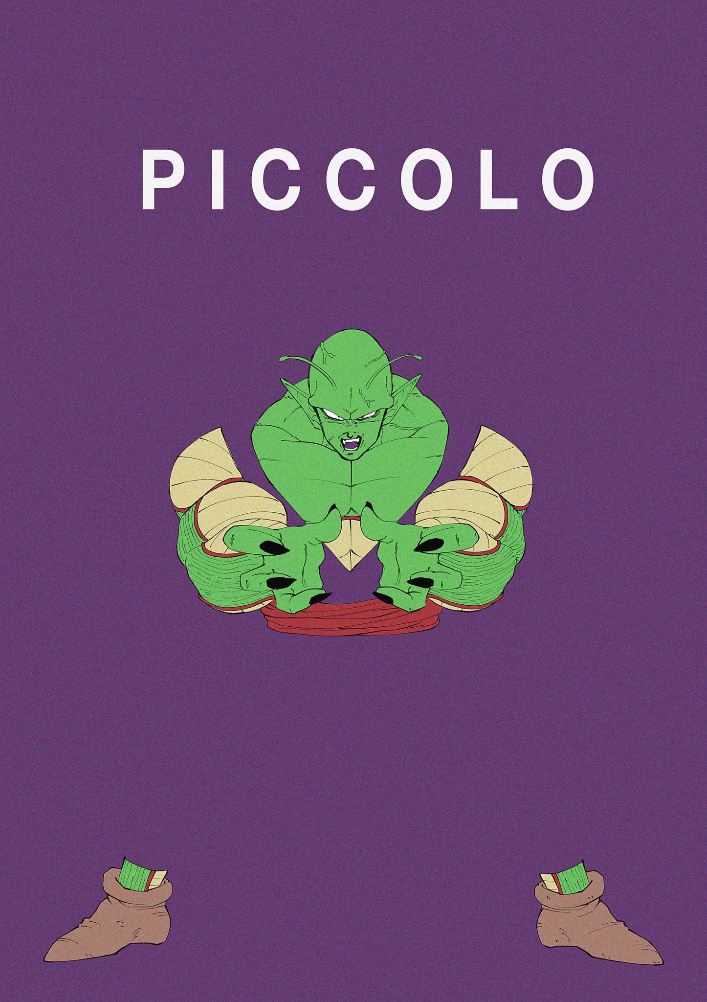 stktik09060906, piccolo, dragon ball, dragonball z, derivative work, highres, 1boy, bald, blending, colored skin, fewer digits, full body, green skin, male focus, no eyebrows, pants, pointy ears, purple pants, purple shirt, red sash, sash, shirt, solo