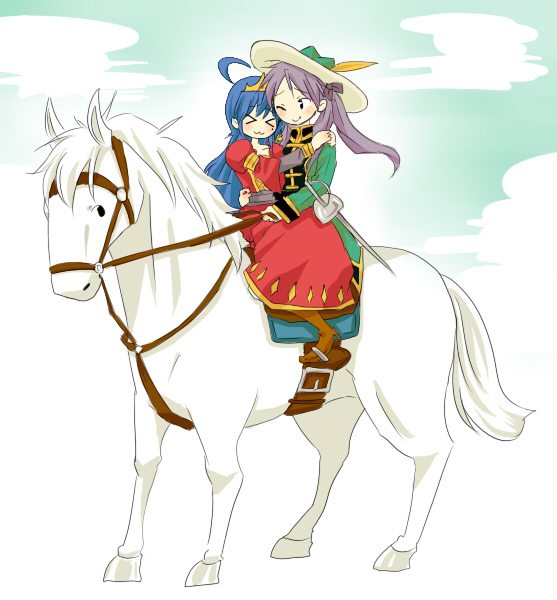 hiiragi kagami, izumi konata, lucky star, non-web source, > <, > <, 00s, 2girls, :3, ahoge, blue hair, closed eyes, dress, hat, horse, mole, mole under eye, multiple girls, one eye closed, purple hair, reins, ribbon, sword, weapon, wink, x3, yuri