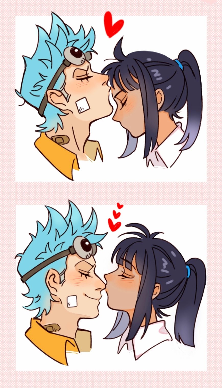 franky (one piece), nico robin, one piece, highres, 1boy, 1girl, black hair, blue hair, blush, closed eyes, cyborg, dark-skinned female, dark skin, kiss, ponytail, qili58158153