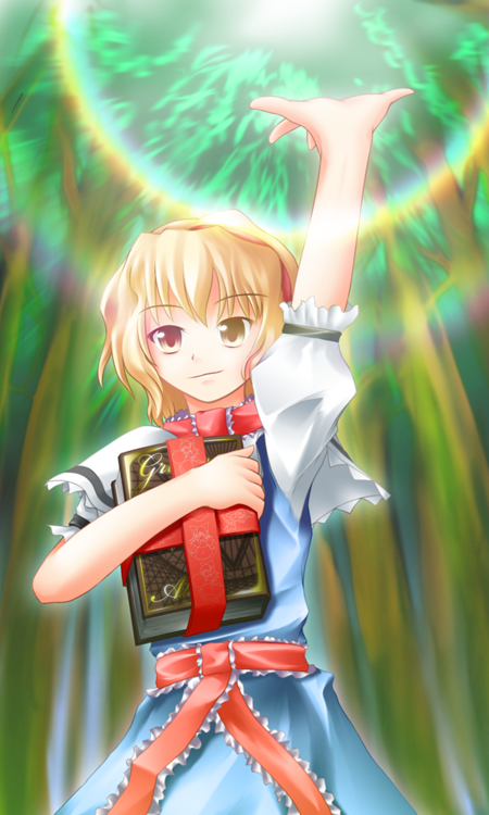 hien meika, alice margatroid, touhou, 1girl, arm up, belt, blonde hair, blue dress, book, brown eyes, capelet, closed mouth, dress, expressionless, female focus, frills, glowing, grimoire, grimoire of alice, hairband, heterochromia, holding, holding book, looking at viewer, magic, red eyes, short hair, solo