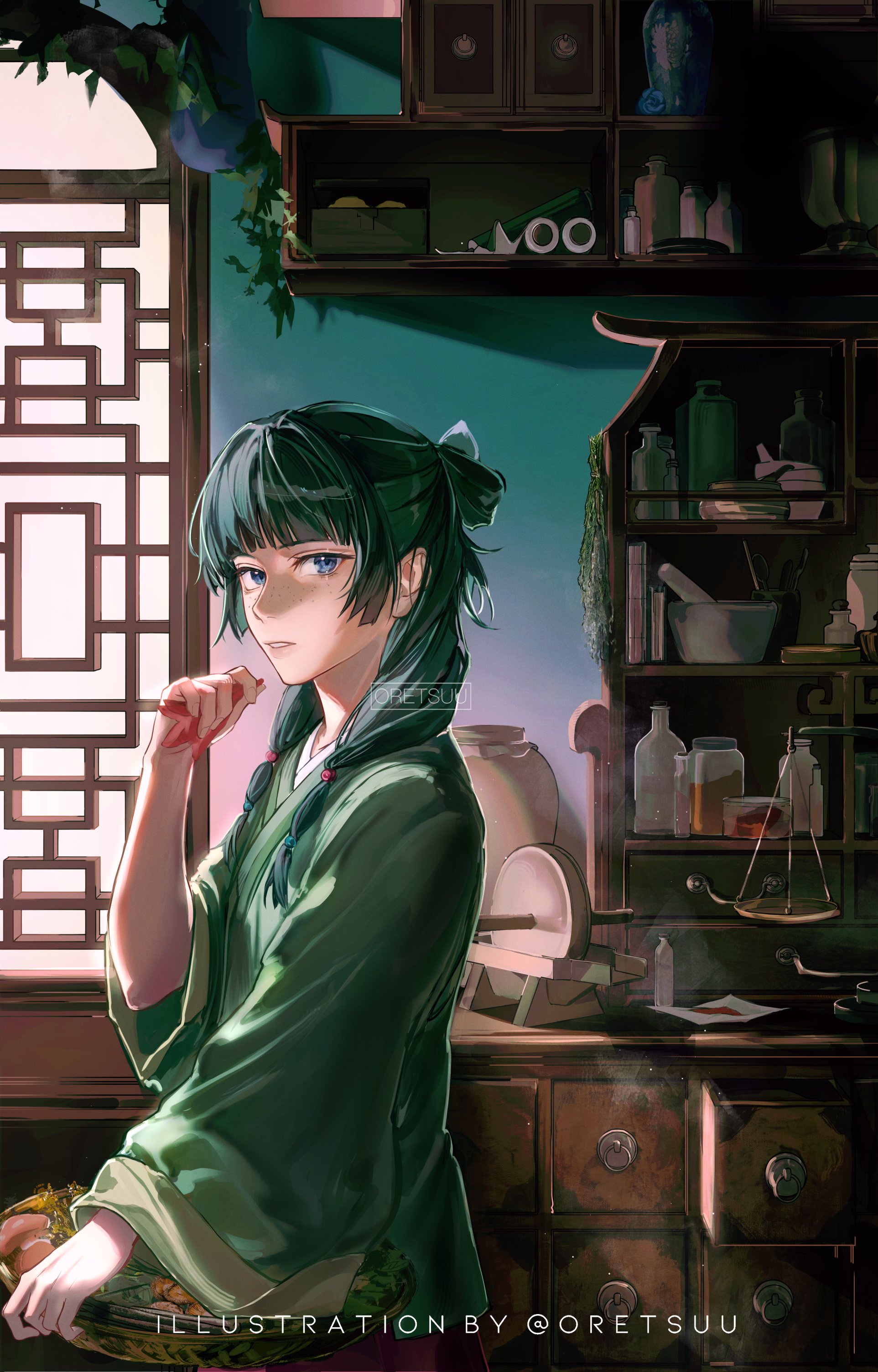 oretsuu, maomao (kusuriya no hitorigoto), kusuriya no hitorigoto, absurdres, commentary, highres, 1girl, artist name, blue eyes, blunt bangs, freckles, green hair, half updo, indoors, looking at viewer, parted lips, sidelocks, sitting, solo, twitter username, wide sleeves