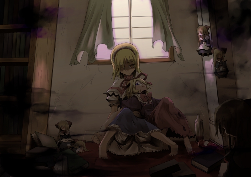 sorano eika, alice margatroid, medicine melancholy, shanghai doll, touhou, 2girls, aura, barefoot, blouse, blue eyes, blue skirt, book, bookshelf, bottle, bow, curtains, dark, dark aura, depressed, doll, dress, empty eyes, female focus, gloom (expression), hair over one eye, hair ribbon, hairband, hanged, head tilt, headband, indoors, looking at viewer, multiple girls, on floor, pink skirt, puffy short sleeves, puffy sleeves, ribbon, sad, shirt, short sleeves, sitting, sitting on lap, sitting on person, skirt, window, yellow eyes
