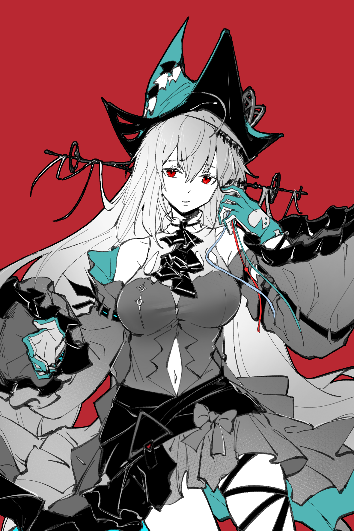 piaoliu ping ping ping pingzi, skadi (arknights), skadi the corrupting heart (arknights), arknights, chinese commentary, commentary request, highres, 1girl, aqua gloves, aqua hat, ascot, bare shoulders, breasts, clothing cutout, cowboy shot, detached sleeves, dress, gloves, hair between eyes, hat, large breasts, long hair, long sleeves, navel, navel cutout, partially colored, red background, red eyes, simple background, sleeveless, sleeveless dress, solo, standing, thigh strap, two-sided fabric, two-sided headwear