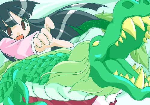 shaomin, houraisan kaguya, touhou, lowres, 1girl, black hair, dragon, eastern dragon, female focus, oekaki, solo